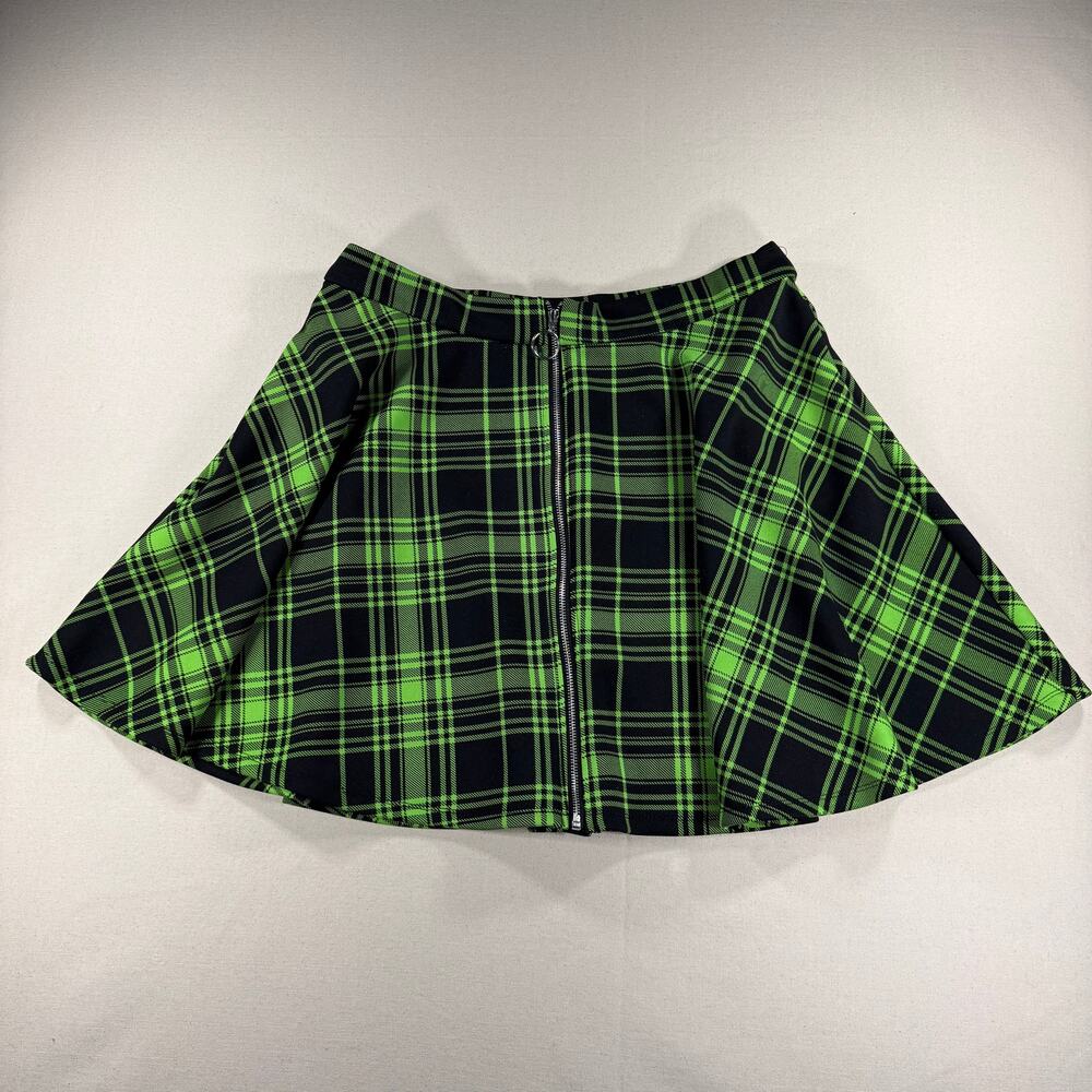 Hot Topic Black Neon Green Plaid O-Ring Zipper Skater Skirt XL Goth Alt Punk
